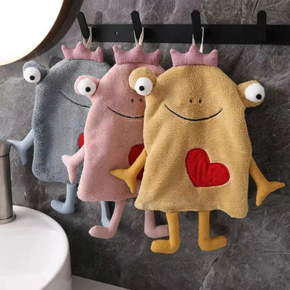 DecorBites™ Frog Design Hand Towel - Soft Coral Velvet, Kids Friendly, Absorbent & Multipurpose