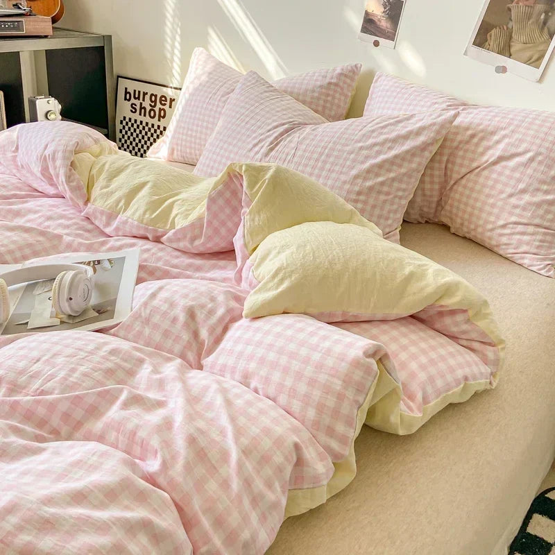 DecorBites™ Japanese Style Check Duvet Cover Set - Soft Washed Quilt Cover & Pillowcase