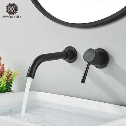 DecorBites™ Gold Brass Bathroom Faucet with Modern Lever Handle, Wall Mount Sink Tap