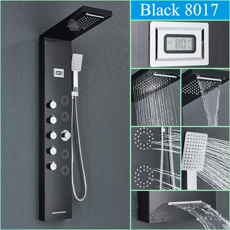 DecorBites™ Black Shower Panel Column Wall Mount Rainfall Waterfall Faucet Hot Cold Mixer Tap