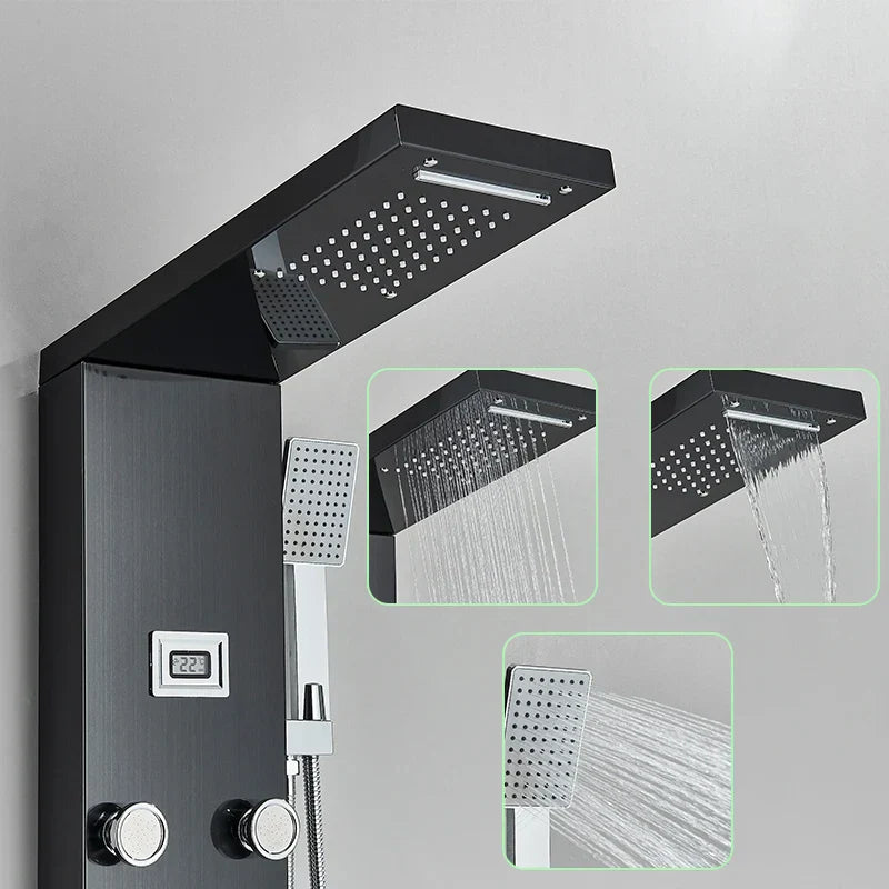 DecorBites™ Black Shower Panel Column Wall Mount Rainfall Waterfall Faucet Hot Cold Mixer Tap