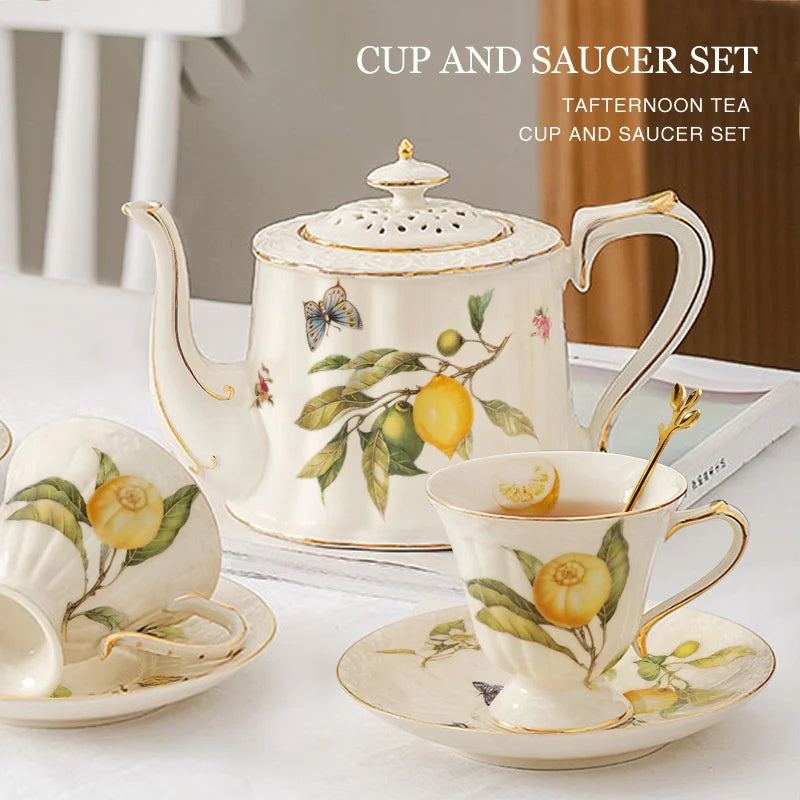 ™ Gold Edge Cup & Saucer Set: Lemon Teapot, Coffee Mug, Ceramic Plates & Drinkware