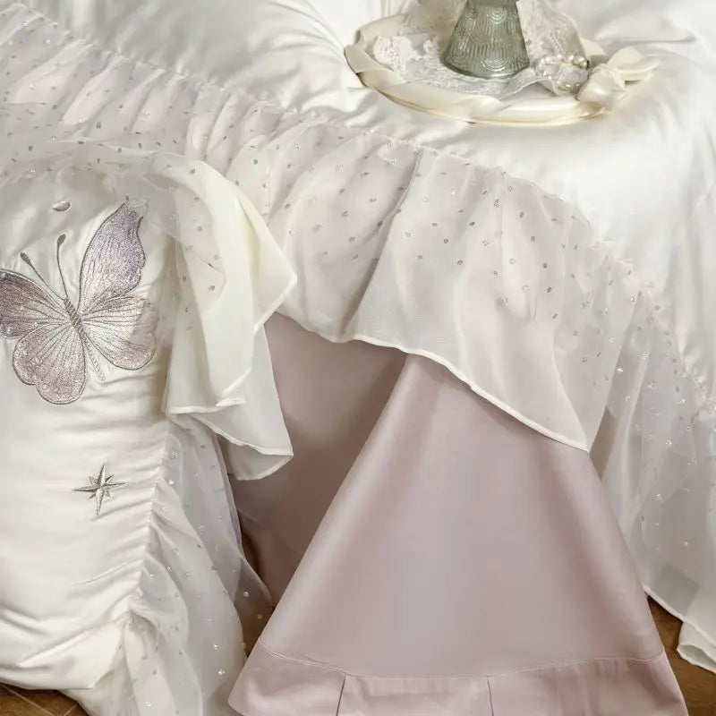 DecorBites™ Butterfly Lace Ruffles Embroidery Bedding Set 4Pcs