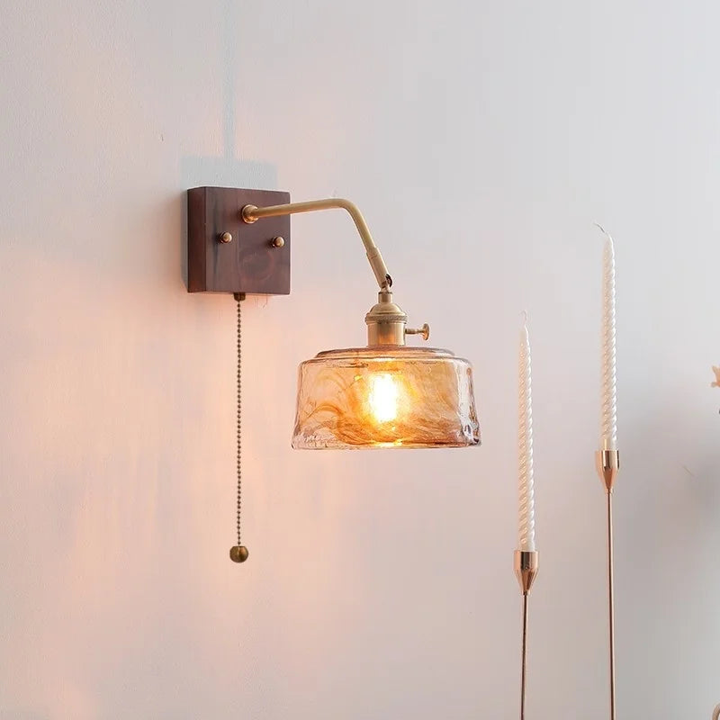 DecorBites™ Amber Glass LED Wall Sconce Pull Chain Switch.
