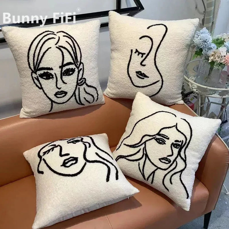 ™ Lambswool Face Cushion Cover 45x45 Beige White Abstract Art Pillowcase