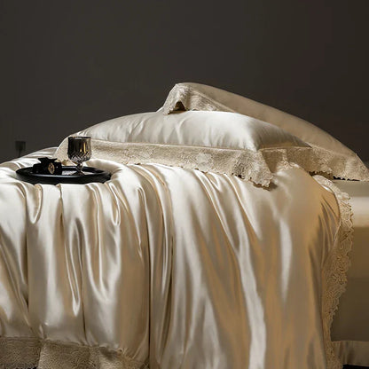 DecorBites™ Luxe French Lace Edge Bedding Set: Silky Lyocell Cotton Duvet Cover, Sheet & Pillowcases