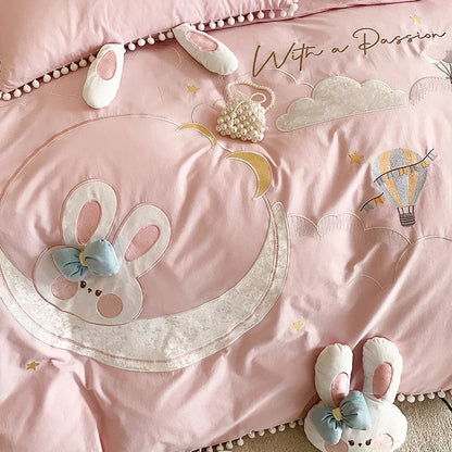 DecorBites™ Cartoon Rabbit Moon Embroidery 100% Cotton Girls Bedding Set with Ball Edge