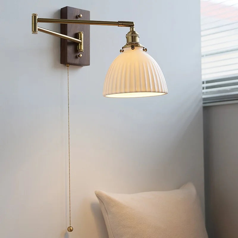 DecorBites™ Copper Arm LED Wall Sconce Switch Light, Adjustable Lampshade, Pull Chain, Beside Lamp