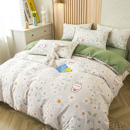 DecorBites™ Green Leaf Print Bedding Set with Flat Sheet & Pillowcase, Single Queen Size