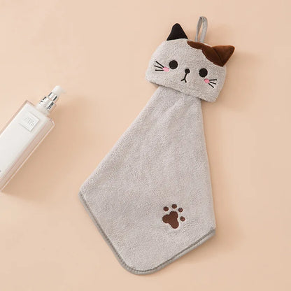 DecorBites™ Cartoon Cat Hand Towel: Thick Coral Velvet Towel for Kitchen & Bathroom