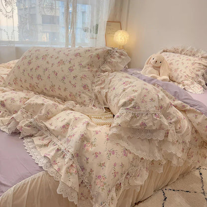 DecorBites™ Korean Princess Style Floral Lace Ruffles Bedding Set with Pillowcase