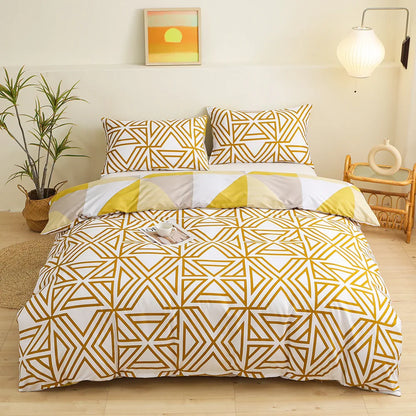 DecorBites™ Geometric Triangle Block Print Bedding Set with 2 Pillowcases for Queen/King Double Bed