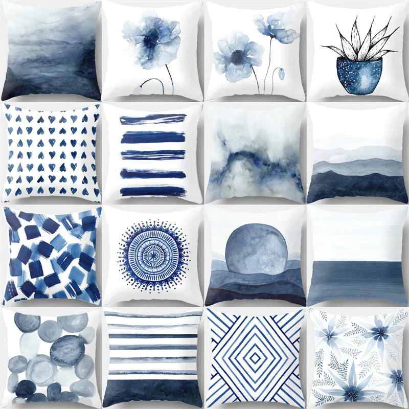 DecorBites™ Blue Ink Flower Cushion Cover Set - Nordic Style Sofa Pillowcase Trio for Home Decoration