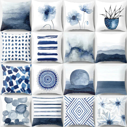 DecorBites™ Blue Ink Flower Cushion Cover Set - Nordic Style Sofa Pillowcase Trio for Home Decoration