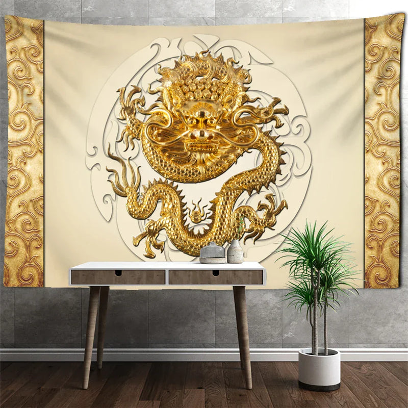 ™ Golden Dragon Totem Carving Tapestry: Mysterious Psychedelic Wall Hanging