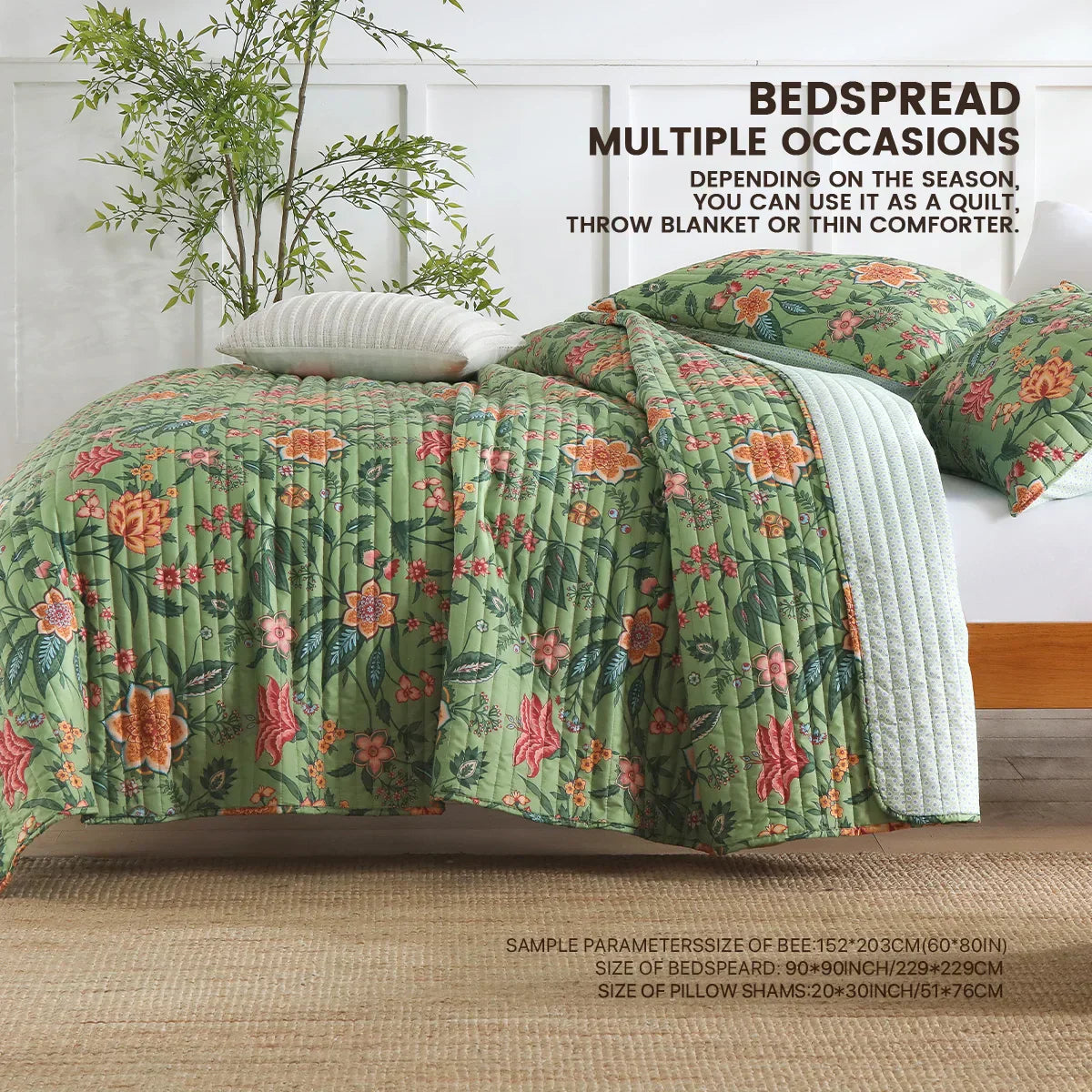 ™ Green Floral Quilt Set 3-Piece Oversized Bedding with Shams