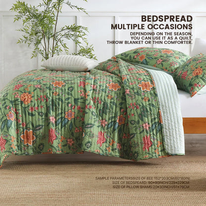 ™ Green Floral Quilt Set 3-Piece Oversized Bedding with Shams