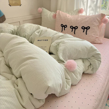 ™ Korean Princess Bow Lattice Pompom Bedding Set - Single Queen Size