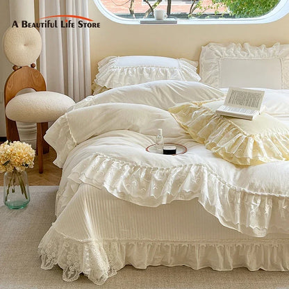™ Lace Ruffles Bedding Set in Pearl White Cream Yellow Princess Cotton