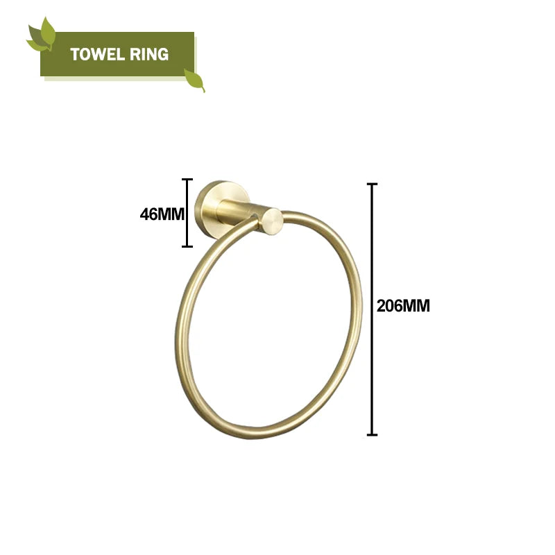 DecorBites™ Brushed Gold Bathroom Accessories Set: Wall Mount Shelf, Toilet Paper Holder, Towel Bar, Robe Hook