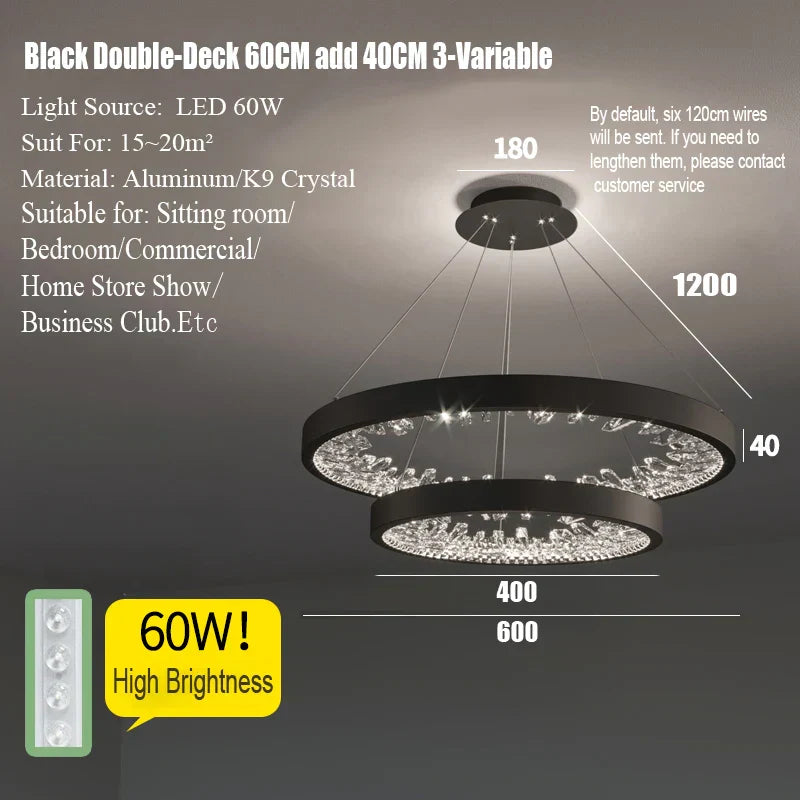 DecorBites™ Crystal Led Chandelier: Modern Luxury K9 Ring Dimmable Circle Hanging Lamp - Bedroom Living Dining Room Lighting