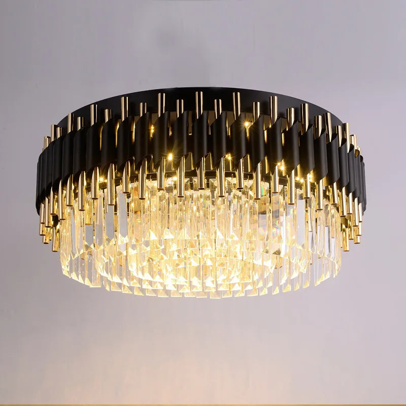 DecorBites™ Gold Black Crystal Ceiling Chandelier - Round LED Pendant for Living Room Lighting