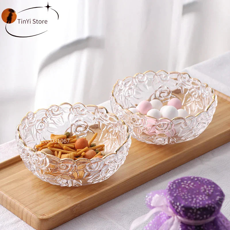 DecorBites™ Glass Salad Bowl with Golden Edge - Vintage Engraving, Relief Craft