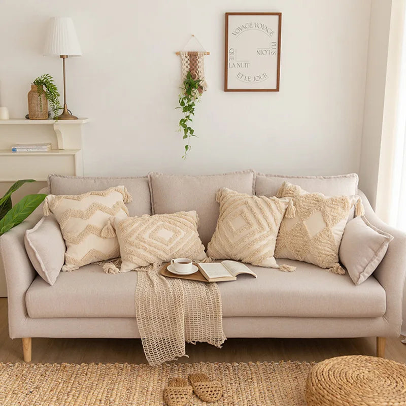 DecorBites™ Geometric Tufted Tassel Pillowcases Cotton Linen Handmade Fringed Throw Pillow Covers