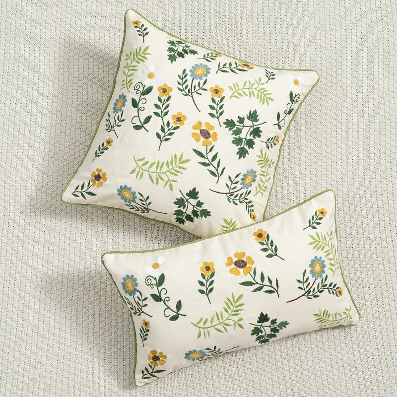 DecorBites™ Botanical Floral Embroidered Cushion Cover - Country Style Decorative Pillowcase