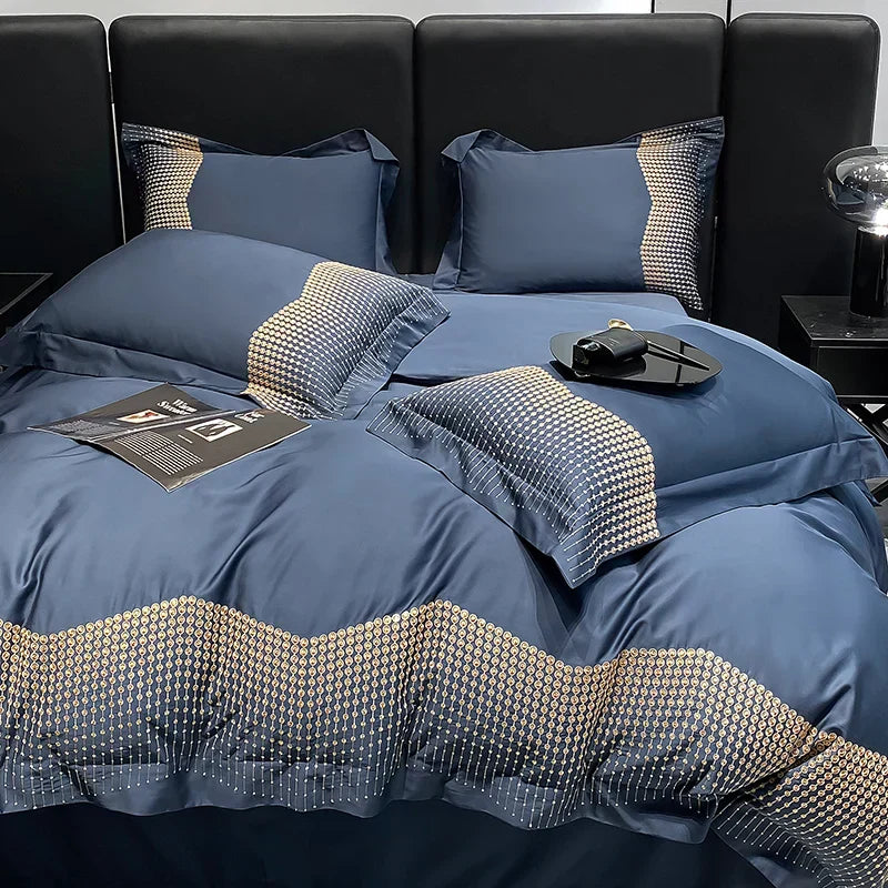 DecorBites™ 1000TC Cotton Embroidery Luxury Bedding Set in Blue White Champagne