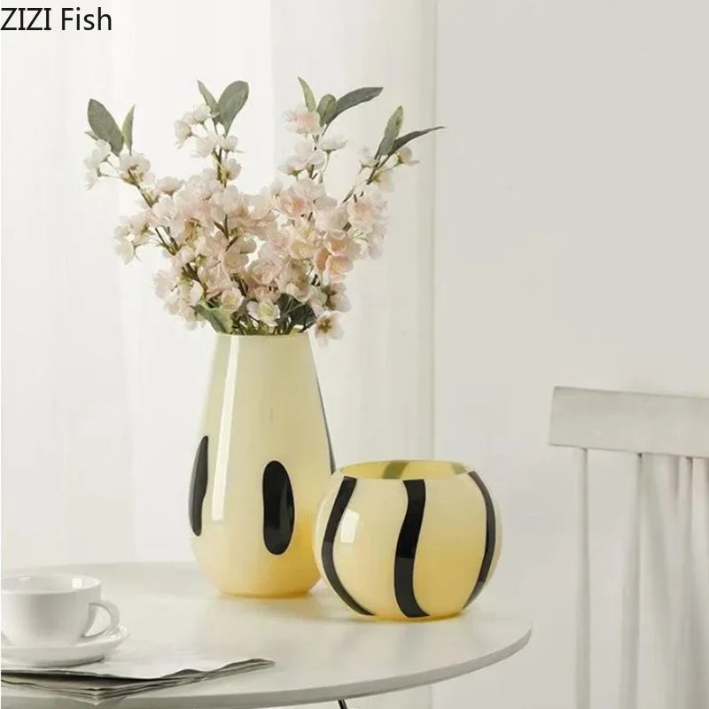 DecorBites™ Black Stripes Glass Vase Desk Decoration Artificial Flowers Pots Aesthetic Room Decor