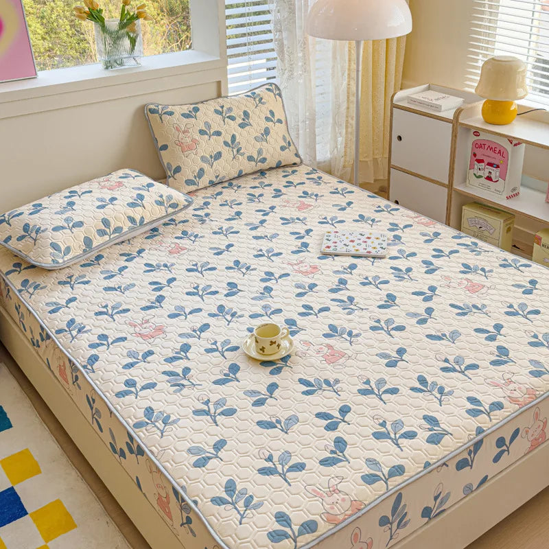 DecorBites™ Cool Silk Latex Fitted Sheet Set with Pillowcases, Summer Ice Silk, Single Double Bed
