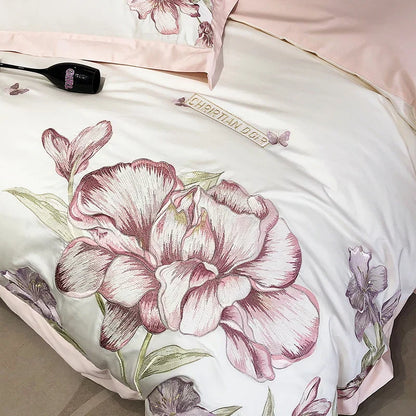 DecorBites™ Blooming Flowers Embroidery Bedding Set 600TC Egyptian Cotton Duvet Cover Queen King
