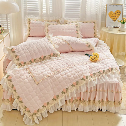 ™ Korean Princess Bedding Set: Flowers, Lace, Ruffles, Embroidery, Quilted, Duvet Cover, Bedspread