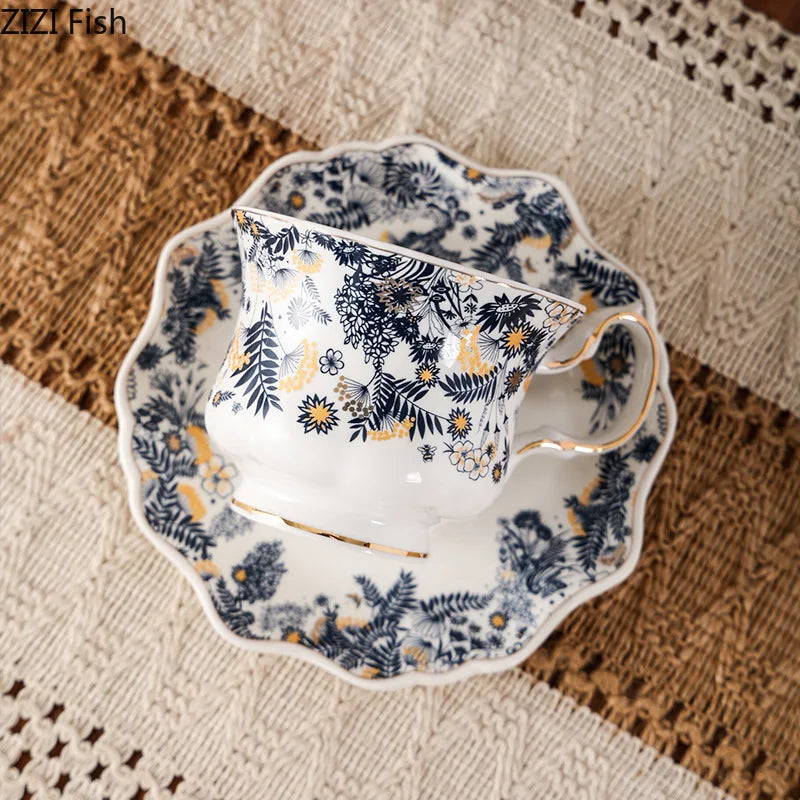 DecorBites™ Blue & White Porcelain Classic Coffee Mug Set Gold Rim Tea Cup Saucer