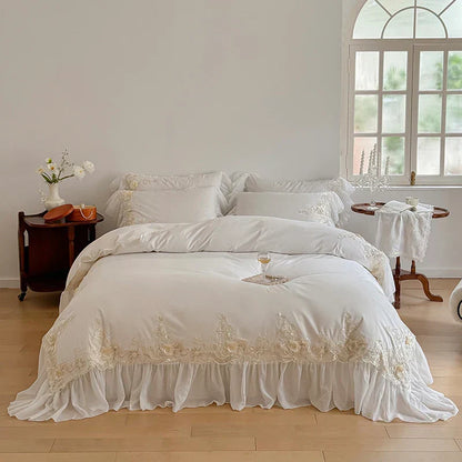 DecorBites™ French Rose Flowers Lace Wedding Bedding Set with Ruffles