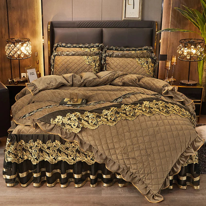 DecorBites™ Black Gold Luxury Crystal Velvet Bedding Set with Quilted Embroidery & Ruffles