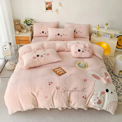 DecorBites™ Cartoon Rabbit Applique Embroidery Bedding Set with Velvet Fleece for Cozy Comfort