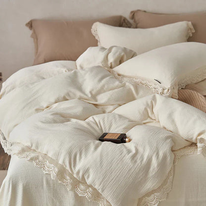 DecorBites™ Lace Edge Cotton Bedding Set for Soft Skin with Duvet, Sheets, and Pillowcases