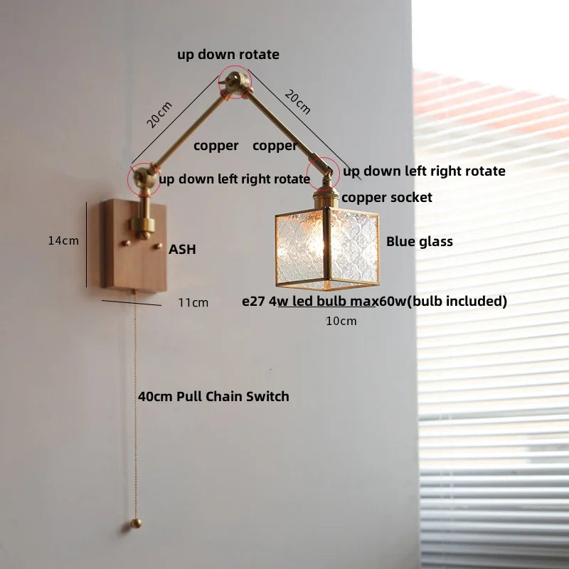 DecorBites™ Ash Wood LED Swing Arm Wall Light with Pull Chain Switch & Blue Glass