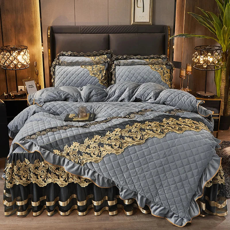 DecorBites™ Black Gold Luxury Crystal Velvet Bedding Set with Quilted Embroidery & Ruffles