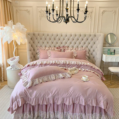 DecorBites™ Korean Princess Lace Ruffles Bedding Set in Bean Paste Pink