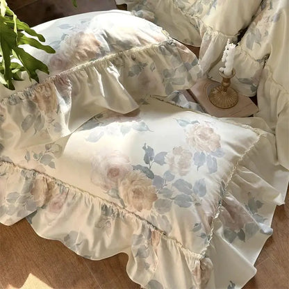 DecorBites™ French Rose Flowers Print Bedding Set, Elegant Ruffles Princess Collection