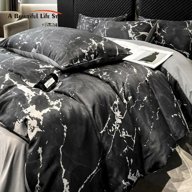 DecorBites™ Black Grey Marble Ice Silk Duvet Cover Set - Luxury Cooling Comfort, Nordic Style