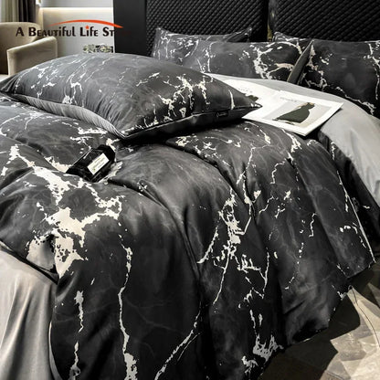 DecorBites™ Black Grey Marble Ice Silk Duvet Cover Set - Luxury Cooling Comfort, Nordic Style