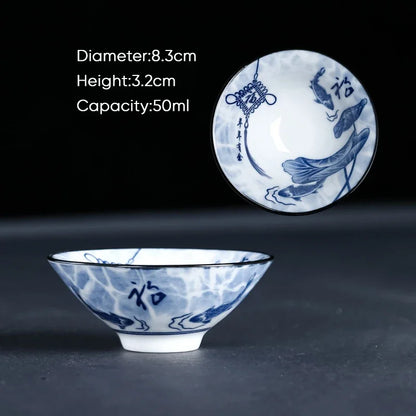 DecorBites™ Blue & White Ceramic Kung Fu Tea Cup, Japanese Style Porcelain Sake Espresso Mug
