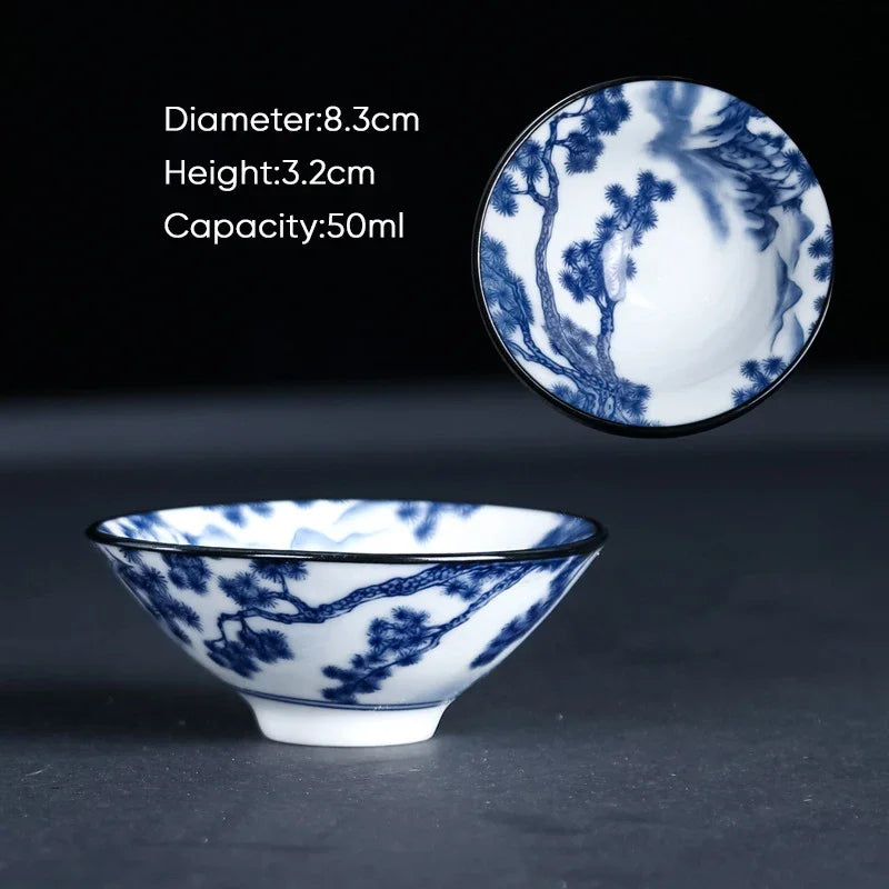 DecorBites™ Blue & White Ceramic Kung Fu Tea Cup, Japanese Style Porcelain Sake Espresso Mug