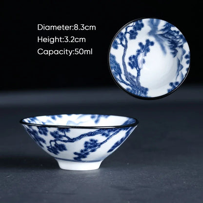 DecorBites™ Blue & White Ceramic Kung Fu Tea Cup, Japanese Style Porcelain Sake Espresso Mug