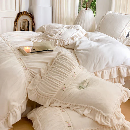DecorBites™ French Pleat Lace Ruffles Bedding Set, Velvet Fleece Duvet Cover, Embroidered Flowers