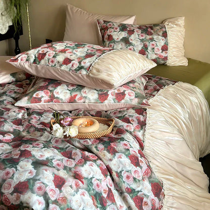 DecorBites™ French Rustic Rose Flowers Duvet Set with Pleated Ruffles & Egyptian Cotton